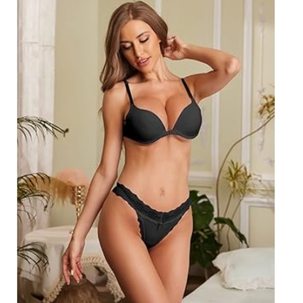 💋Sexy Panties Floral Lace Cut Out Thongs Mid Waist Underwear Black